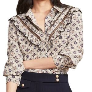 Veronica Beard Quarry Medallion Print Silk Blouse Size 0 Ruffle Collar Boho Top